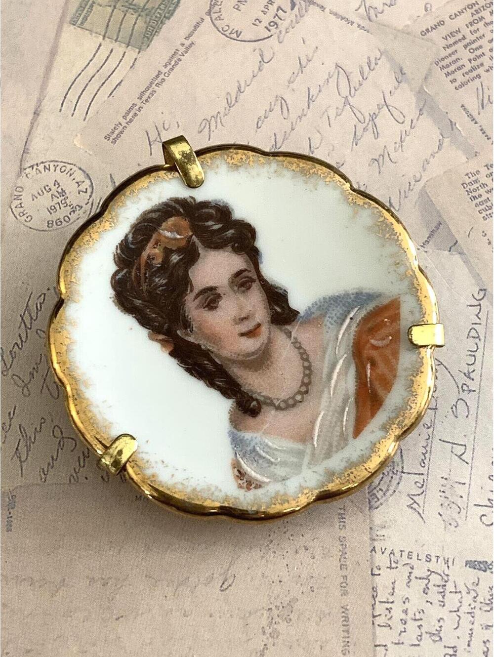 Vintage Limoges France Porcelain Portrait Brooch Pendant Romantic Lady Pin